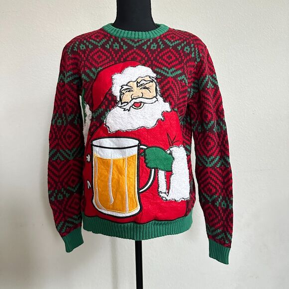 33 Degrees Ugly Christmas Sweater Mens Small Knit Pullover Santa Clause Beer - Picture 1 of 9
